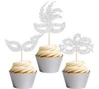 Gyufise 24Pcs Masquerade Masks Cupcake Toppers Silver Glitter Bachelorette Mask Cupcake Topper Mask Cake Picks Decorations for Masquerade Mardi Gras Party Baby Shower Birthday Party Supplies