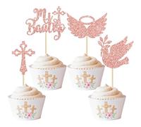 Gyufise 24Pcs Mi Bautizo God Bless Cupcake Toppers Dove Cross Cupcake Picks Christian Baptism Cake Decorations for Religious God Bless Baby Shower Kids Birthday Party Supplies Rose Gold