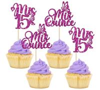 Gyufise 24Pcs Mis Quince 15 Cupcake Toppers Glitter 15th Birthday Cake Toppers Fifteen Dessert Decor Cheers to 15 Years Party Decorations Purple