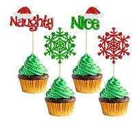 Gyufise 24Pcs Naughty Or Nice Cupcake Toppers Red Green Glitter Christmas Cupcake Pick Decorations for Merry Christmas Theme Birthday Baby Shower Party Happy New Year Party Supplies