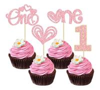 Gyufise 24Pcs One Cupcake Toppers Glitter Sweet Heart Cake Decorations Valentine's Day 1st Birthday Cupcake Picks Wedding Anniversary Valentine's Day Baby Shower First Birthday Party Supplies Pink