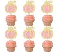 Gyufise 24Pcs Pink Pumpkin Cupcake Toppers Girl Pumpkin Baby Shower Cake Decorations Fall Pumpkin Theme Birthday Party Supplies Decorations