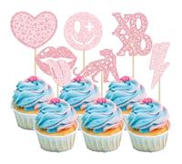 Gyufise 24Pcs Preppy Y2k 2000s Pink Party Cupcake Toppers Lips Face Lightning Leopard Hat Star Bachelorette Cupcake Picks for Preppy Y2k Theme Female Bachelorette Birthday Party Supplies