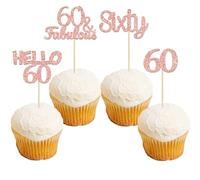 Gyufise 24Pcs Rose Gold Glitter 60th Birthday Cupcake Toppers Hello 60 Sixty Cake Toppers 60 & fabulous Cupcake Picks 60th Birthday Cake Decorations Supplies