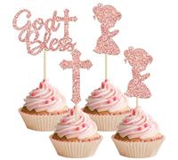 Gyufise 24Pcs Rose Gold Glitter Girl God Bless and Baptism Cupcake Toppers Cross Babyshower Cupcake Picks First Communion Christian Baptism Theme Party Cake Decorations Supplies