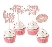 Gyufise 24Pcs Rose Gold Glitter Valentine's Day Cupcake Toppers Be Mine Kiss Me Lipstick Cupcake Picks for Valentine Theme Sweet Love Theme Wedding Engagement Bridal Shower Party Cake Decorations