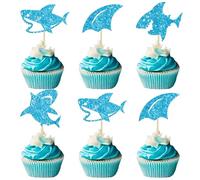 Gyufise 24Pcs Shark Cupcake Toppers Blue Glitter Shark Fin Cupcake Picks Ocean Animals Shark Theme Baby Shower Kids Birthday Party Cake Decorations Supplies