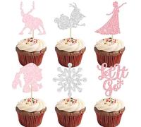 Gyufise 24Pcs Snowflake Cupcake Toppers Glitter Winter Frozen Theme Snowflake Deer Princess Cupcake Pick Decorations for Winter Wonderland Baby Shower Birthday Xmas Party Supplies Pink