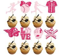 Gyufise 24Pcs Softball Cupcake Toppers Glitter Love Baseball Birthday Cake Decorations for Softball Palyer Theme Party Decorations Supplies Pink