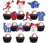 Gyufise 24Pcs Softball Cupcake Toppers Glitter Love Baseball Birthday Cake Decorations for Softball Palyer Theme Party Decorations Supplies Red
