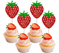 Gyufise 24Pcs Strawberry Cupcake Toppers Glitter Fruit Theme Summer Strawberry Cupcake Picks for Kid Baby Shower Party Decorations Boy Girl Birthday Cake Party Supplies Red