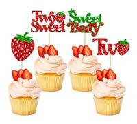 Gyufise 24Pcs Strawberry Two Cupcake Toppers Glitter Sweet Two Cupcake Picks Berry 2nd Birthday Decor for Fruit Theme Baby Shower Second Birthday Party Cake Decorations