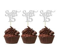 Gyufise 24Pcs Sweet 15 Cupcake Toppers Silver Glitter Fifteen 15th Birthday Cupcake Picks Age 15 15th Birthday Anniversary Party Cake Decorations Supplies