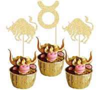 Gyufise 24Pcs Taurus Cupcake Toppers Glitter 12 Constellation Taurus Cake Toppers April May Birthday Cupcake Decoration for Horoscope Astrology Birthday Party Supplies Gold