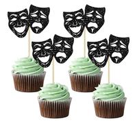 Gyufise 24Pcs Theatrical Mask Cupcake Topper Glitter Comedy Movie Night Theme Party Cake Decorations for Film Festival Theme Men Women Boy Girl Happy Birthday Party Decorations Black