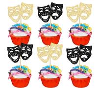 Gyufise 24Pcs Theatrical Mask Cupcake Topper Glitter Comedy Movie Night Theme Party Cake Decorations for Film Festival Theme Men Women Boy Girl Happy Birthday Party Decorations Black Gold