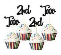 Gyufise 24Pcs Two Cupcake Toppers Glitter 2nd Birthday Cupcake Picks for Baby Shower Second Birthday Party Cake Decorations Supplies Black