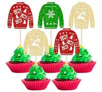 Gyufise 24Pcs Ugly Sweater Cupcake Toppers Christmas Tree Deer Snowflake Cupcake Pick Decorations Merry Christmas New Year Holiday Ugly Sweater Xmas Party Cake Decorations Supplies