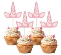 Gyufise 24Pcs Unicorn Horn Cupcake Toppers Pink Glitter Double Layers Unicorn Horse Cupcake Picks for Baby Shower Birthday Wedding Engagement Bridal Shower Party Cake Decorations Supplies