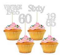 Gyufise 24Pcs Vintage 1965 Cupcake Toppers Cheers to 60 Fabulous Sixty Cupcake Picks Decorations for 60th Birthday Wedding Anniversary Party Cake Decorations Supplies Silver