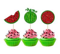 Gyufise 24Pcs Watermelon Cupcake Toppers Glitter Summer Tropical Fruit Cupcake Picks Watermelon Baby Shower Cake Decorations for Sweet Summer Watermelon Kids Birthday Party Decoration