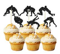 Gyufise 24Pcs Wrestling Cupcake Toppers Glitter Man Wrestler Birthday Cupcake Pick Decorations Wrestling Sport Birthday Party Party Decorations Black