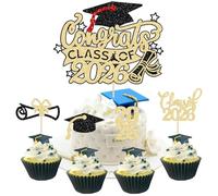 Gyufise 25Pcs Graduation Cupcake Toppers Congrats Grad Class of 2026 Cake Decoration for We Are Proud of You Themed Graduation Cap Diploma Cake Decorations I’m Done Party Supplies Black Gold