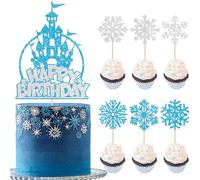 Gyufise 25Pcs Ice Castle Cake Toppers Frozen Snowflake Cupcake Picks Winter Wonderland Happy Birthday Cake Decoration for Frozen Theme Baby Shower Christmas Birthday Party Supplies Blue