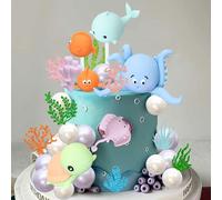 Gyufise 25Pcs Under The Sea Cake Decorations Ocean Animals Turtle Fish Cake Topper Pearl Cake Balls Decorations for Under The Sea Theme Boys Girls Baby Shower Birthday Party Supplies Blue