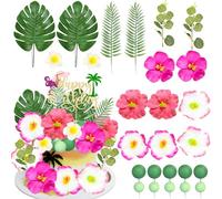 Gyufise 27 Pack Flower Cake Topper Hawaiian Flamingo Happy Birthday Cake Decorations Palm Leaves Hibiscus Balls for Hawaii Aloha Jungle Summer Theme Wedding Birthday Baby Shower Supplies Pink