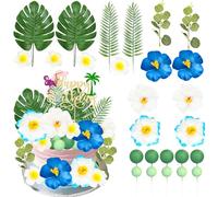 Gyufise 27 Pack Flower Cake Topper Hawaiian Flamingo Happy Birthday Cake Decorations Palm Leaves Hibiscus Balls for Hawaii Aloha Jungle Summer Theme Wedding Birthday Baby Shower Supplies Blue
