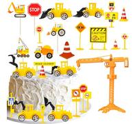 Gyufise 27Pcs Construction Cake Toppers Vehicles Cake Decorations Truck Excavator Tower Crane Cupcake Topper Bulldozer Backhoe Traffic Road Sign Cake Decor Construction Theme Birthday Party Supplies