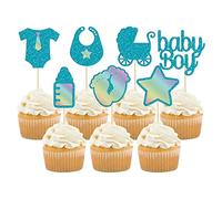 Gyufise 28Pcs Baby Shower Boy Cupcake Toppers Blue Glitter Star Onesie Bottle Foot Print Nipple Baby Boy Cake Toppers for Baby Shower Baby Boy Birthday Party Decorations