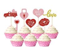 Gyufise 28Pcs Valentine's Day Cupcake Toppers Red Pink Glitter Heart Love Lipstick Key Rose Cupcake Toppers Picks for Sweet Love Theme Wedding Engagement Decoration