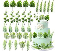 Gyufise 30 Pack Artificial Monstera Leaf Cake Toppers Tropical Palm Green Leaves Cake Decors for Summer Safari Animal Boys Girls Birthday Tropical Rainforest Baby Shower Party Supplies Light Green