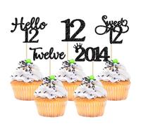 Gyufise 30 Pack Black Glitter 12th Birthday Cupcake Toppers Hello Sweet 12 Twelve Since 2014 Cupcake Picks for 12th Birthday Party Cake Decorations Supplies