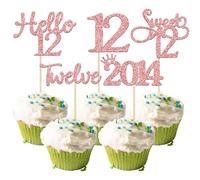 Gyufise 30 Pack Rose Gold Glitter 12th Birthday Cupcake Toppers Hello Sweet 12 Twelve Since 2014 Cupcake Picks for 12th Birthday Party Cake Decorations Supplies