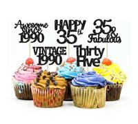 Gyufise 30 Pack Vintage 1990 Cupcake Toppers Black Glitter Thirty Five Happy 35 Cake Decorations Cheers to 35 Years Birthday Cupcake Picks 35th Birthday Anniversary Cake Decorations