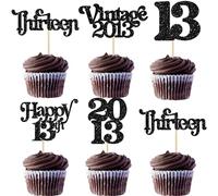 Gyufise 30Pcs 13th Birthday Cupcake Toppers Glitter Thirteen Vintage 2013 Official Teenager 13 Cupcake Picks Hello 13 Years Birthday Cake Decorations for 13th Anniversary Party Supplies Black