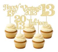 Gyufise 30Pcs 13th Birthday Cupcake Toppers Glitter Thirteen Vintage 2013 Official Teenager 13 Cupcake Picks Hello 13 Years Birthday Cake Decorations for 13th Anniversary Party Supplies Gold
