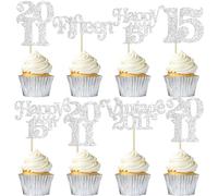 Gyufise 30Pcs 15th Birthday Cupcake Toppers Glitter Fifteen Vintage 2011 Sweet 15 Cupcake Picks Hello 15 Years Birthday Cake Decorations for Happy 15th Anniversary Party Supplies Silver