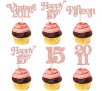 Gyufise 30Pcs 15th Birthday Cupcake Toppers Glitter Fifteen Vintage 2011 Sweet 15 Cupcake Picks Hello 15 Years Birthday Cake Decorations for Happy 15th Anniversary Party Supplies Rose Gold