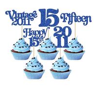 Gyufise 30Pcs 15th Birthday Cupcake Toppers Glitter Fifteen Vintage 2011 Sweet 15 Cupcake Picks Hello 15 Years Birthday Cake Decorations for Happy 15th Anniversary Party Supplies Blue