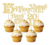Gyufise 30Pcs 15th Birthday Cupcake Toppers Glitter Fifteen Vintage 2011 Sweet 15 Cupcake Picks Hello 15 Years Birthday Cake Decorations for Happy 15th Anniversary Party Supplies Gold
