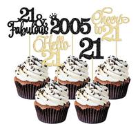 Gyufise 30Pcs 21st Birthday Cupcake Toppers Hello 21 Cupcake Picks 2005 Cake Toppers for Happy 21st Birthday Anniversary Party Cake Decorations Supplies Gold Black