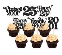 Gyufise 30Pcs 25th Birthday Cupcake Toppers Glitter Twenty-Five Vintage 2001 Cheers to 25 Cupcake Picks Hello 25 Years Birthday Cake Decorations for 25th Anniversary Party Supplies Black