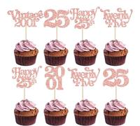 Gyufise 30Pcs 25th Birthday Cupcake Toppers Glitter Twenty-Five Vintage 2001 Cheers to 25 Cupcake Picks Hello 25 Years Birthday Cake Decorations for 25th Anniversary Party Supplies Rose Gold