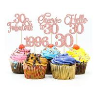 Gyufise 30Pcs 30th Birthday Cupcake Toppers Glitter Hello 30 Cupcake Topper Cheers to 30 1996 Thirty Cupcake Picks for Happy 30th Birthday Anniversary Party Cake Decorations Rose Gold