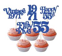 Gyufise 30Pcs 55th Birthday Cupcake Toppers Glitter Vintage 1971 Cheers to 55 Fabulous Fifty Five Cupcake Picks 55th Birthday Wedding Anniversary Party Cake Decorations Supplies Blue