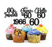 Gyufise 30Pcs 60th Birthday Cupcake Toppers 60 Fabulous Cupcake Picks Cheers to 60 1966 Cake Decorations for Happy 60th Birthday Wedding Anniversary Party Decoration Supplies Black